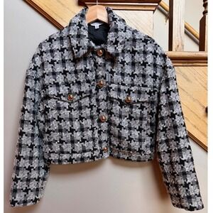 Ophelia Roe Women Houndstooth Tweed Crop Jacket Blazer S Old Money Prep Academia